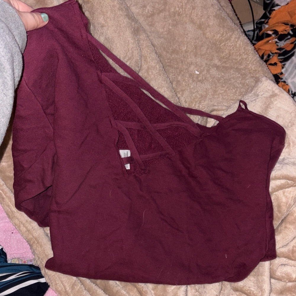 Pink Off the Shoulder Maroon Sweatshirt with Dog Logo